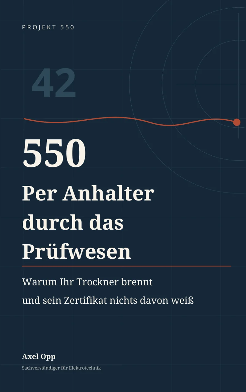 Cover of the reading edition: title “Per Anhalter durch das Prüfwesen” on a dark ground.